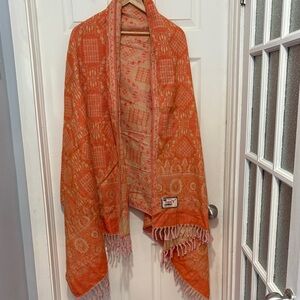 Vintage Tibetan Handloom Yak Wool Orange Patterned Shawl